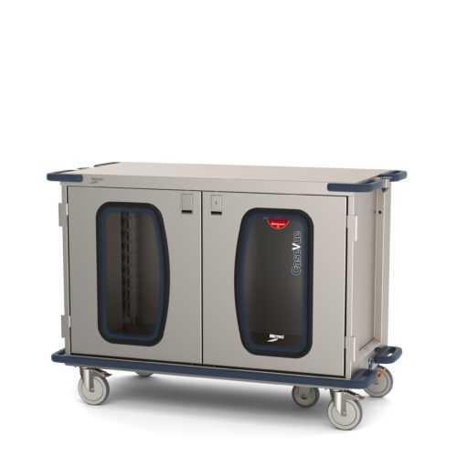 The Metro CaseVue CV48LC-5B Surgical Case Cart has a gray body with two transparent doors labeled Oasis Line. It measures 57.5W x 28D x 40.625H and features a flat top, handles, and four swivel casters with 5th wheel steering for easy mobility.