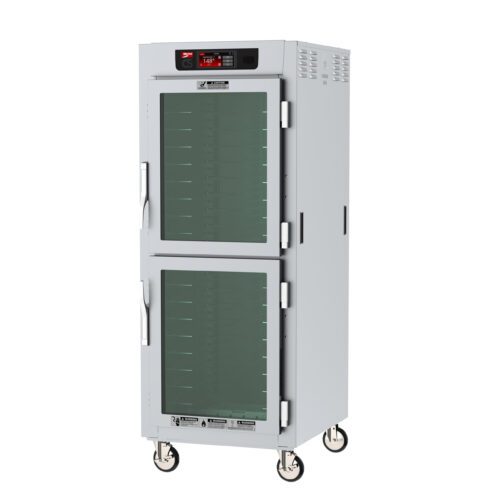The Metro C589-SDC-UPDS C5 8 Series Insulated Pass-Thru Holding Cabinet is a full-height stainless steel warmer with Dutch clear/solid doors, universal wire slides, and top controls. It features four caster wheels for easy mobility and operates at 120V, 2000W, 60Hz.
