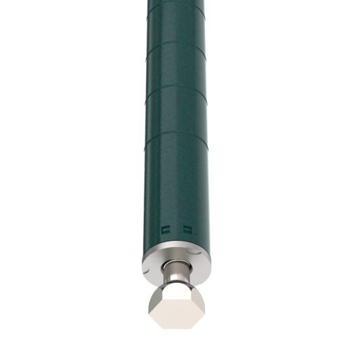 A 74H green cylindrical metal object with a bottom hexagonal bolt, viewed low against a white background, resembles the Metro Super Erecta 74PK3-STKD SiteSelect Industrial Wire Shelving Staked Post in Metroseal Green.