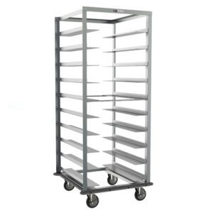 The Metro RD27NA33 Oval Tray Pan Rack, featuring a gray continuous bumper and 6 slide spacing, measures 29 x 31 x 70.25 and offers multiple horizontal shelves within its open frame for easy transportation on four wheels.