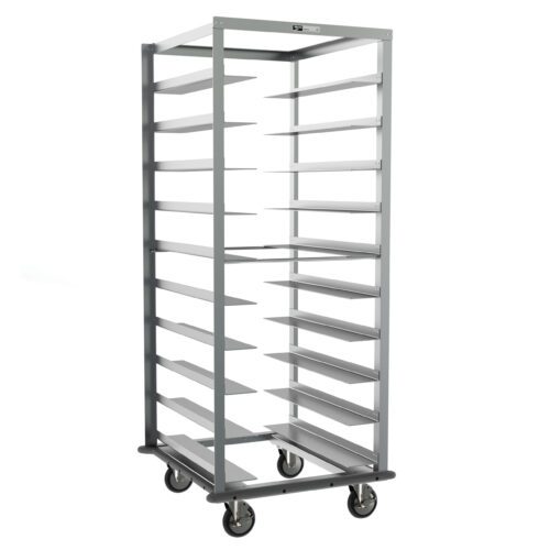 The Metro RD27NA33 Oval Tray Pan Rack, featuring a gray continuous bumper and 6 slide spacing, measures 29 x 31 x 70.25 and offers multiple horizontal shelves within its open frame for easy transportation on four wheels.