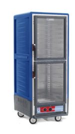 The Metro C539-HXDC-U-BU C5 3 Series Insulated Holding Cabinet is a blue, full-height unit with Dutch clear doors and universal wire slides. It features wheels, bottom control knobs, and operates at 220-240V, 50/60Hz, ensuring food warmth during transit.