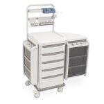 The Metro SXRSANES Starsys Anesthesia Cart features a white and gray design with multiple drawers, a side extension, compartments for supply organization, and a top shelf with blue holders, making it ideal for hospital or clinical use.