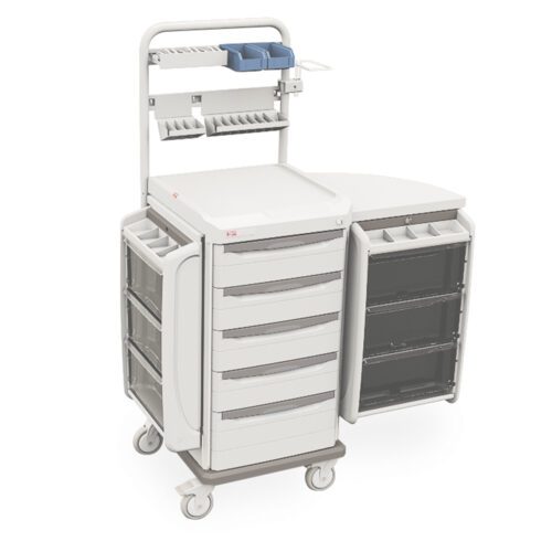The Metro SXRSANES Starsys Anesthesia Cart features a white and gray design with multiple drawers, a side extension, compartments for supply organization, and a top shelf with blue holders, making it ideal for hospital or clinical use.