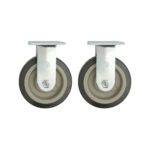 Two Metro C5T-6RDGCSTR 6 rear rigid casters with gray rubber tires and metal mounting plates are side by side on a white background, designed to enhance the mobility of your C5 T-Series and R-Series cabinets.