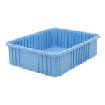 The Metro TB93060BAS Static Dissipative Polypropylene Tote in blue is a rectangular bin with ribbed sides, a smooth rim, and dimensions of 22.5 x 17.5 x 6. It’s slightly angled for depth and photographed empty against a white background.