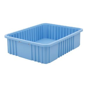 The Metro TB93060BAS Static Dissipative Polypropylene Tote in blue is a rectangular bin with ribbed sides, a smooth rim, and dimensions of 22.5 x 17.5 x 6. It’s slightly angled for depth and photographed empty against a white background.