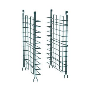 Two Metro 15SNK3 Super Erecta Tray Slides for 18 wide shelves, finished in Metroseal Green Epoxy for durability, stand vertically with a grid pattern against a white background. Each features side hooks at the top and four supporting legs.