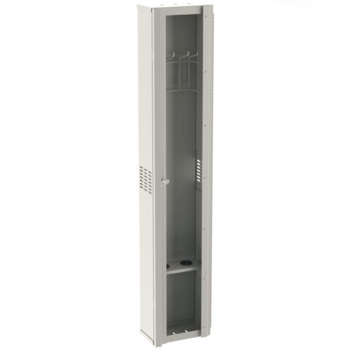 The Metro FL245 Flexline Scope Cabinet, 2-Hook, is a tall and narrow open steel locker with a light gray finish. It features a top shelf, vented door, base compartment, and hanging rod. The cabinet stands upright against a white background.