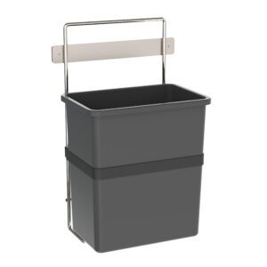 The Metro FL221 28-Quart Waste Basket, compatible with Flexline and Lifeline Carts, is a black rectangular bin featuring a silver metal handle and wall-mount bracket for convenient, space-saving waste disposal.