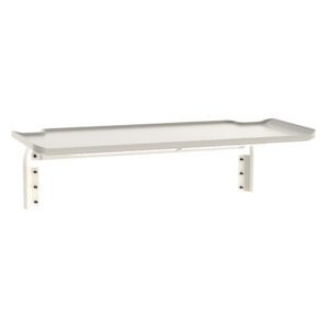 The Metro FL559 Flexline Overbridge Bottom Shelf is a minimalist white wall-mounted tray with raised edges on three sides, supported by metal brackets. Its pre-drilled holes simplify installation, making it ideal for holding small items.