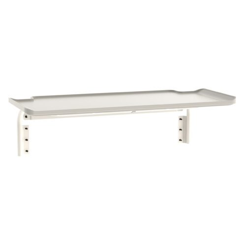The Metro FL559 Flexline Overbridge Bottom Shelf is a minimalist white wall-mounted tray with raised edges on three sides, supported by metal brackets. Its pre-drilled holes simplify installation, making it ideal for holding small items.