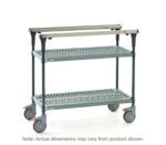 Meet the Metro MS1848-PRPR PrepMate MultiStation 48 Prep Station: a green utility cart featuring two-tier slatted design for airflow, four caster wheels, metal handles, and Super Erecta Pro top and bottom shelves reinforced with durable Metroseal Green Epoxy posts.