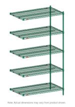 An illustration of the Metro 5AN417K3 Super Erecta Add-On Unit shows a Metroseal Green Epoxy shelving unit with five evenly spaced wire shelves supported by vertical rods, measuring 21 x 24 x 74. Actual dimensions may vary from the image.