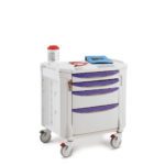 The Metro FLNURSE Flexline Cart, with four purple-handled drawers on wheels, a red-handled container, and a blue folder, features secure locks to organize essential supplies against a clean white backdrop.