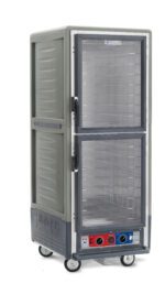 The Metro C539-CDC-4-GY C5 3 Series is a full-height, portable insulated cabinet with clear Dutch doors, fixed wire slides, control knobs and labels on the front. It operates on 120V and rolls smoothly on wheels, featuring a mostly gray finish with blue and red accents.