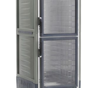 The Metro C539-CDC-4-GY C5 3 Series is a full-height, portable insulated cabinet with clear Dutch doors, fixed wire slides, control knobs and labels on the front. It operates on 120V and rolls smoothly on wheels, featuring a mostly gray finish with blue and red accents.