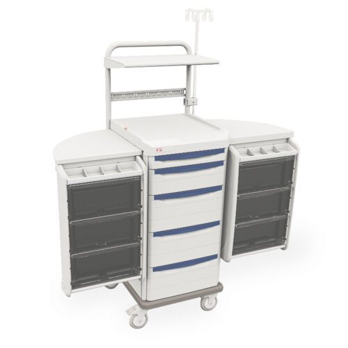 ztyn37xd5tzthrjr3bw8ybgazqzx9vl2.jpg The Metro SXRSBIO Starsys Biomedical Cart features a sleek white and blue design, retractable side panels, clear front compartments, multiple drawers, shelf railings, and an IV pole to enhance mobility and efficiency in medical settings.