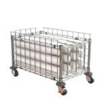The Metro CR1830CSU Under Counter Cup Storage Unit is a versatile metal wire storage cage on wheels, ideal for storing rolls of white paper or fabric. Its sturdy frame and four caster wheels provide easy mobility and convenience.