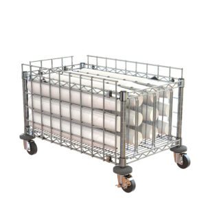 The Metro CR1830CSU Under Counter Cup Storage Unit is a versatile metal wire storage cage on wheels, ideal for storing rolls of white paper or fabric. Its sturdy frame and four caster wheels provide easy mobility and convenience.