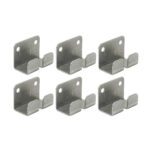 The image shows six identical stainless steel wall hooks in two rows of three, each with a flat mounting plate and two holes, featuring a 90-degree angled design similar to the Metro SWGB2 SmartWall Grid Mounting Bracket Kit for direct wall mount.