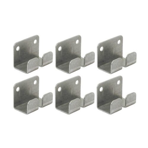 zuh726mhkafd9ss7gqilih68jwhkrf3r.jpg The image shows six identical stainless steel wall hooks in two rows of three, each with a flat mounting plate and two holes, featuring a 90-degree angled design similar to the Metro SWGB2 SmartWall Grid Mounting Bracket Kit for direct wall mount.