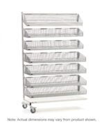 The Metro QB136-M7A qwikSIGHT Mobile Single-Sided 7-Basket Shelving Add-On Unit, 36 L, features seven vertical mesh basket shelves. This metallic unit with a sleek white base and frame is both functional and stylish. Note: Actual dimensions may vary from product shown.