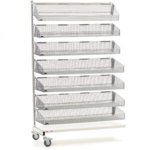 The Metro QB136-M7A qwikSIGHT Mobile Single-Sided 7-Basket Shelving Add-On Unit, 36 L, features seven vertical mesh basket shelves. This metallic unit with a sleek white base and frame is both functional and stylish. Note: Actual dimensions may vary from product shown.