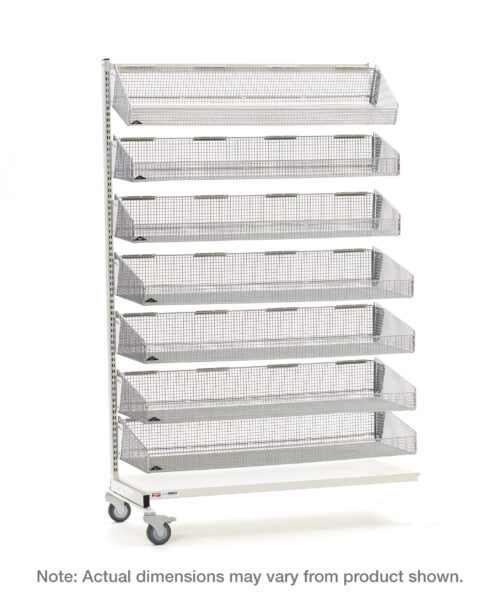 The Metro QB136-M7A qwikSIGHT Mobile Single-Sided 7-Basket Shelving Add-On Unit, 36 L, features seven vertical mesh basket shelves. This metallic unit with a sleek white base and frame is both functional and stylish. Note: Actual dimensions may vary from product shown.