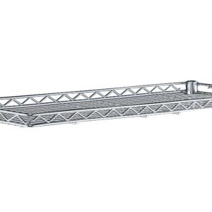 The Metro 1248CSNC Super Erecta Shelf, 12 x 48 in chrome, is a rectangular metal shelf with a modern lattice design and raised edge to prevent items from falling. It features wall-mounting brackets on both sides for easy installation.