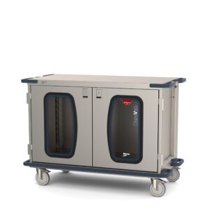 The Metro CaseVue CV48LC-NB Surgical Case Cart, measuring 57.5W x 28D x 40.625H, features a modern design with two clear doors, a gray body with blue accents, four wheels for mobility, and the CosaVee logo prominently displayed on the front near the top.