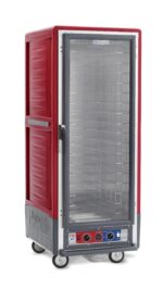 The Metro C539-CFC-4 is a red full-height insulated holding/proofing cabinet with a clear door and wire slides, 120V, 2000W, and 60Hz. Its ideal for catering or commercial use, boasts visible temperature controls, and is mounted on wheels for efficient mobile service.