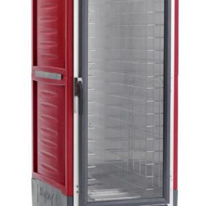 The Metro C539-CFC-4 is a red full-height insulated holding/proofing cabinet with a clear door and wire slides, 120V, 2000W, and 60Hz. Its ideal for catering or commercial use, boasts visible temperature controls, and is mounted on wheels for efficient mobile service.