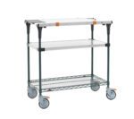 The Metro MS1836-FSNK-PK1 PrepMate MultiStation 36 Prep Station includes a solid stainless steel top shelf and a Metroseal green epoxy wire bottom shelf with stainless steel posts. Its dark green frame and gray wheels enhance mobility and stability.