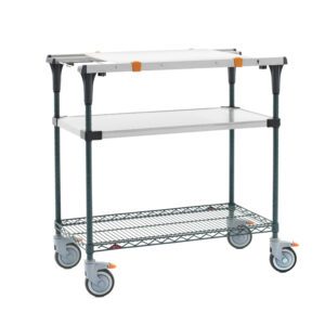 The Metro MS1836-FSNK-PK1 PrepMate MultiStation 36 Prep Station includes a solid stainless steel top shelf and a Metroseal green epoxy wire bottom shelf with stainless steel posts. Its dark green frame and gray wheels enhance mobility and stability.