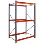 A freestanding industrial metal shelving unit with orange beams and dark gray vertical supports. Designed as a heavy-duty parts storage solution, this rack offers two levels for storing items, ideal for warehouses or customizable shelving solutions tailored to your needs.