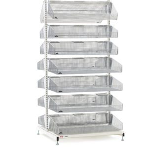 A tall, freestanding Metro QB236-S14 qwikSIGHT Stationary Double-Sided 14-Basket Shelving Unit with spacious mesh baskets stands against a plain white background. This 36 L metal design is functional for storage or display purposes.