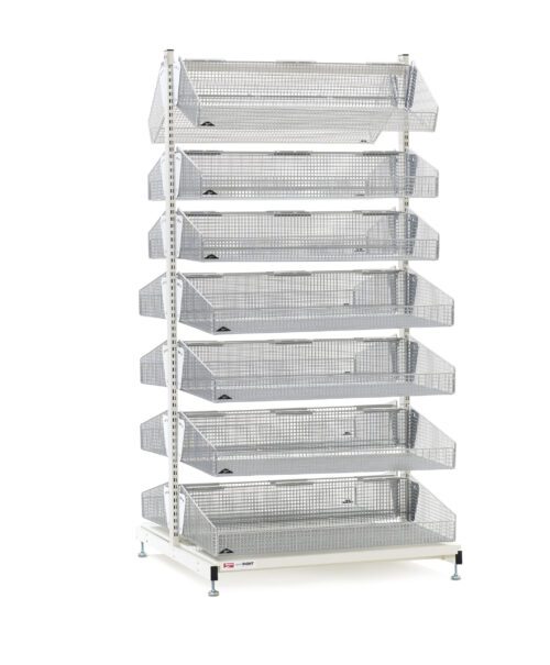 A tall, freestanding Metro QB236-S14 qwikSIGHT Stationary Double-Sided 14-Basket Shelving Unit with spacious mesh baskets stands against a plain white background. This 36 L metal design is functional for storage or display purposes.