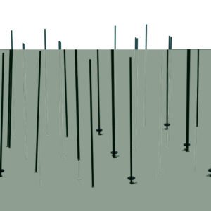 Sleek black poles of varying heights rise from a gray surface, reminiscent of the Metro LBTEK3 qwikTRAK Double Deep Stationary End Unit Kit for Super Erecta Wire Shelving, featuring a Metroseal Green Epoxy finish, elegantly highlighted against a white background.