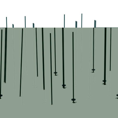 Sleek black poles of varying heights rise from a gray surface, reminiscent of the Metro LBTEK3 qwikTRAK Double Deep Stationary End Unit Kit for Super Erecta Wire Shelving, featuring a Metroseal Green Epoxy finish, elegantly highlighted against a white background.