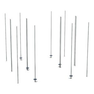 Vertical metal rods of varying heights are sporadically arranged, each standing upright with a solid base, resembling the Metro LBTEC qwikTRAK Double Deep Stationary End Unit Kit for Super Erecta Wire Shelving in chrome, which emphasizes uniformity and simplicity against a plain backdrop.
