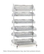 A tall, white Metro QB248-S12 qwikSIGHT Stationary Double-Sided 12-Basket Shelving Unit features seven adjustable wire mesh baskets on empty, evenly spaced shelves measuring 48 L. Note: Actual dimensions may vary from product shown.
