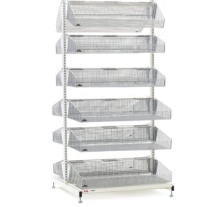 A tall, white Metro QB248-S12 qwikSIGHT Stationary Double-Sided 12-Basket Shelving Unit features seven adjustable wire mesh baskets on empty, evenly spaced shelves measuring 48 L. Note: Actual dimensions may vary from product shown.