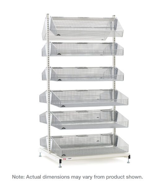 6kchefbvlliymywb5fhngiezwpxmon81.jpg A tall, white Metro QB248-S12 qwikSIGHT Stationary Double-Sided 12-Basket Shelving Unit features seven adjustable wire mesh baskets on empty, evenly spaced shelves measuring 48 L. Note: Actual dimensions may vary from product shown.
