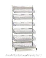 The Metro QB148-S6 qwikSIGHT Stationary Single-Sided 6-Basket Shelving Unit, 48 L, is a tall white storage rack with six vertically stacked mesh baskets. Its sturdy metal frame and adjustable feet provide stability. Note: Dimensions may vary.
