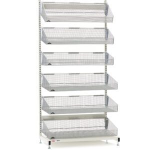 The Metro QB148-S6 qwikSIGHT Stationary Single-Sided 6-Basket Shelving Unit, 48 L, is a tall white storage rack with six vertically stacked mesh baskets. Its sturdy metal frame and adjustable feet provide stability. Note: Dimensions may vary.