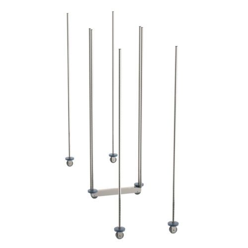 The Metro LBTM24S features slender stainless steel rods with hooks at varying heights, mounted on a base for a modern and airy design. Circular hooks complement the sleek structure, embodying contemporary qwikTRAK™ influences.