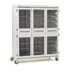 The Metro SXRT76MXD1 Starsys XD Extra Deep Mobile Supply Cabinet is a triple-wide, non-locking unit on wheels with clear doors and multiple shelves for efficient medical supply organization.