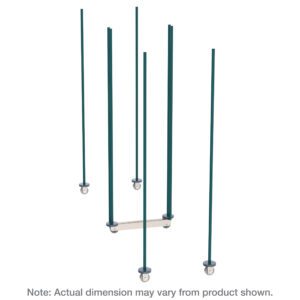 Five vertical teal poles with round bases are staggered and linked horizontally, similar to the Metro LBTM21K3 qwikTRAK Double Deep Mobile Unit Kit for 21 Wide Super Erecta Wire Shelving in Metroseal Green Epoxy. Note: Actual dimensions may vary from product shown.