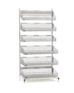 A tall, silver Metro QB136-S6 qwikSIGHT Shelving Unit, 36 L, comes with adjustable shelves for storage or display. Featuring seven angled wire mesh baskets and a sturdy frame on adjustable feet.